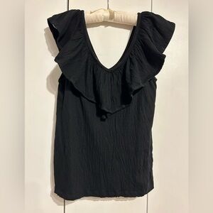 LOFT Black Crinkle Ruffle Double V Top